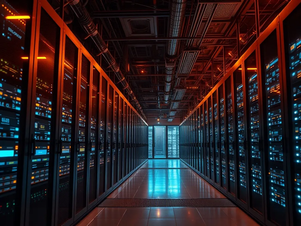 High-tech server room with brown and gold lighting, industri