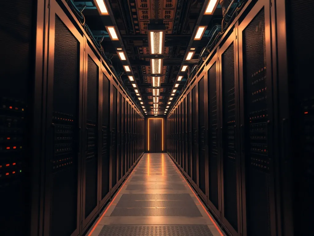 A high-tech industrial server room with dark brown accents,