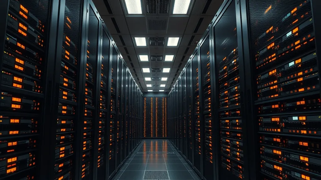 A high-tech server room with glowing bronze and amber lights