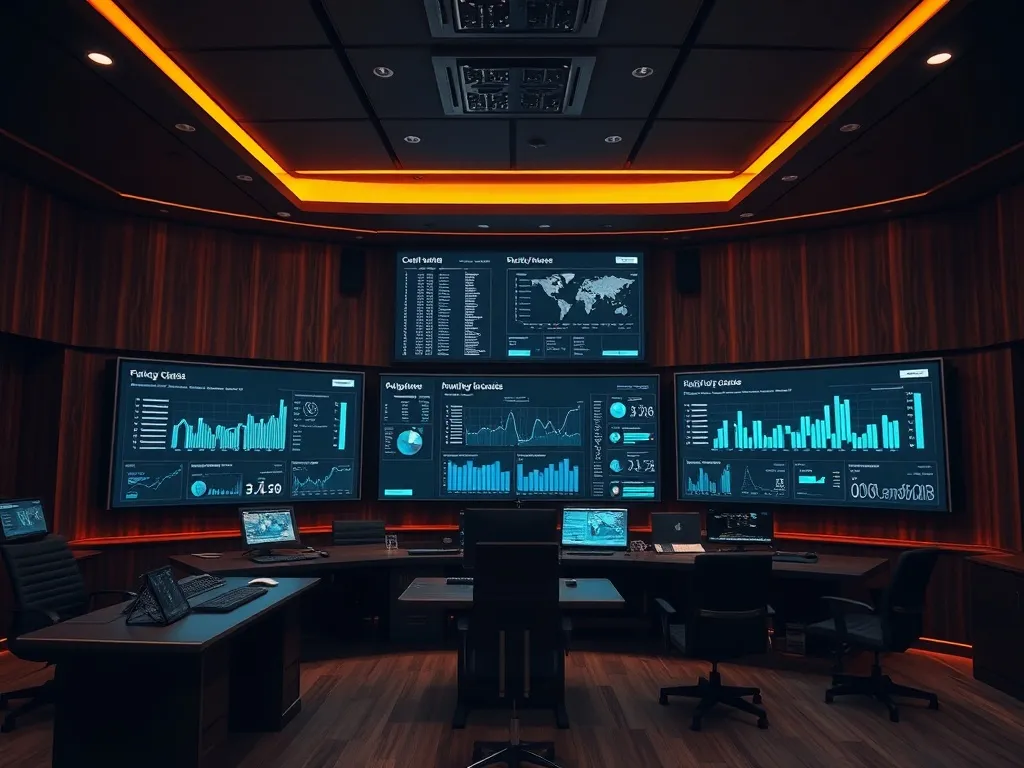 A high-tech control room with dark wood panels, amber subtle