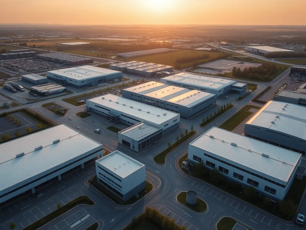 Aerial view of modern industrial park with clean lines, geom