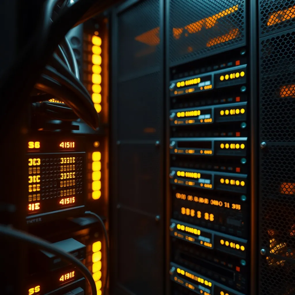 A technical close-up of a server rack with warm golden statu