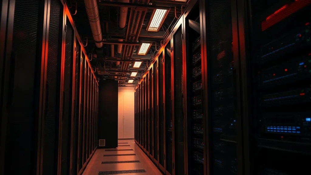 Industrial server rack room with dramatic lighting, orange a
